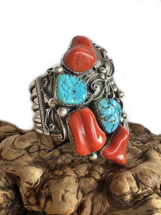 Vintage Mediterranean Coral and Turquoise Cuff